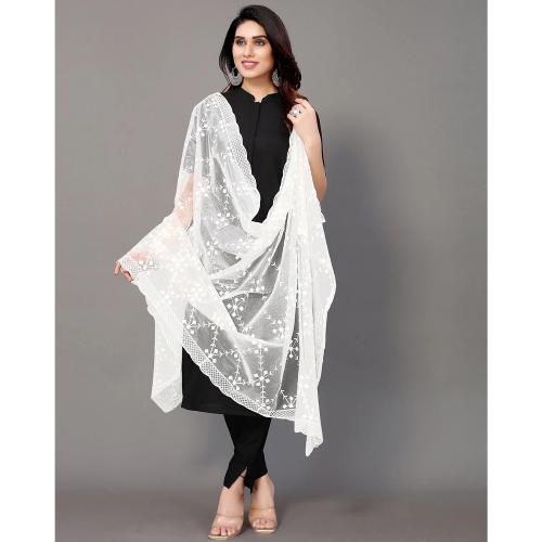 Miss Lady Fashion Women's Heavy White Colour Net Embroidered Fancy phulkari work Dupatta for women (White)