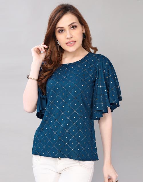 Selvia Women Blue Foil Print Rayon Top | tops for women | tops | women tops