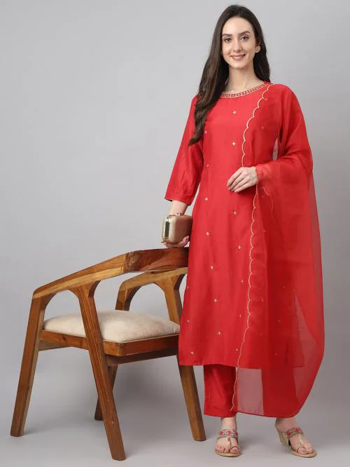 Janasya Women's Red Chinon Solid Kurta with Pant and Dupatta