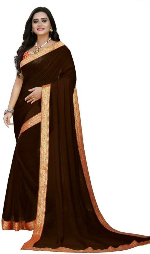 SAREYA VEELA Chanderi Women Brown Solid Chiffon Sarees