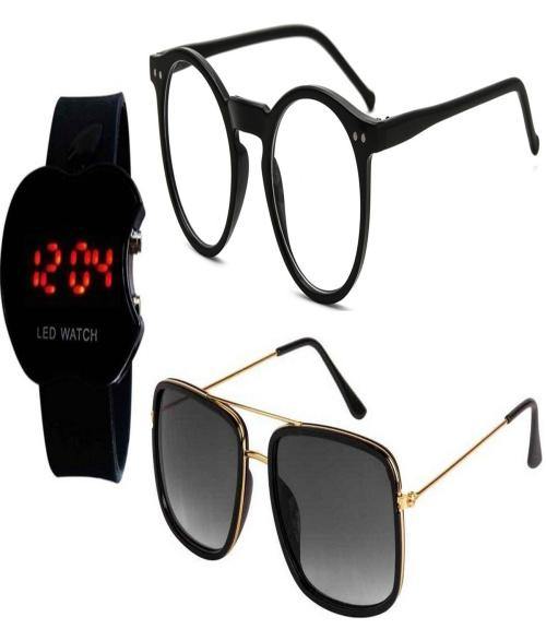 Younky Combo of Stylish Round & Wayfarer Sunglasses for Men And Women |SPP022-1196|Black| With Led Watch