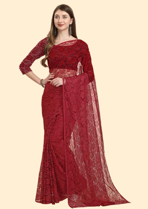IrisTheStudio Women Maroon Net Embellished, Floral Print Bollywood Saree - Rusell