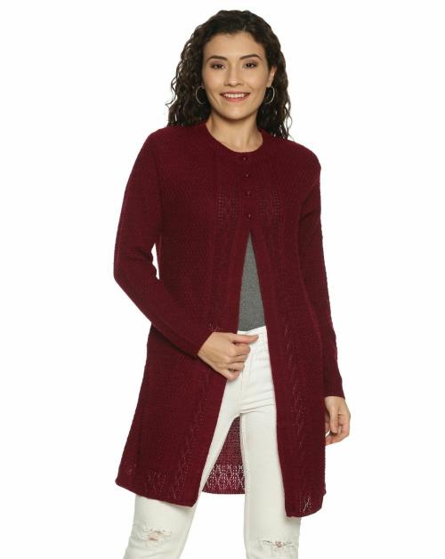 Clapton Women Mahroon Solid Acrylic Blend Pack Of 1 Cardigan