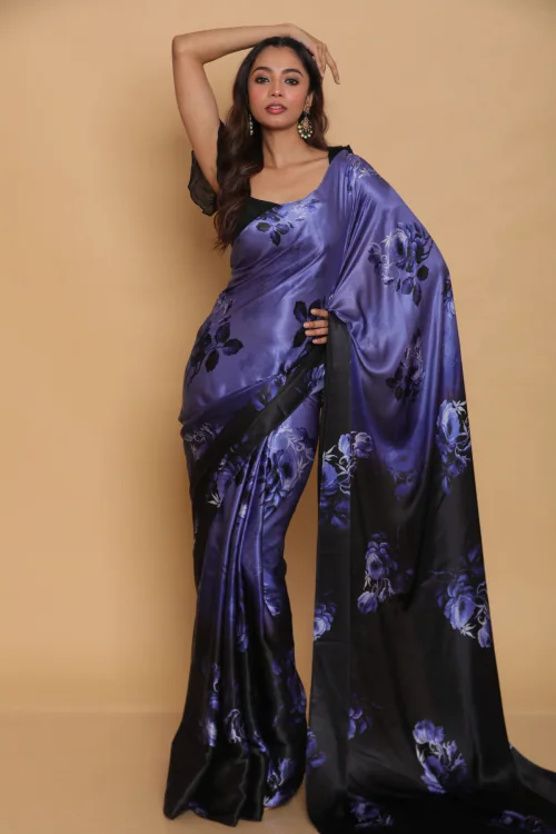 Grootinn Printed Japan Satin Saree For Girls And Womens (Blue)(Blouse : black)