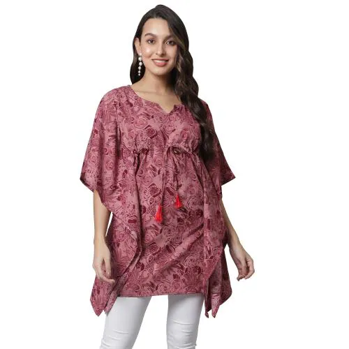 Fabflee Women Crepe Kaftan Dress (Pink) | Kaftan Top| Women Top| Tops for Women| Kaftan Top's For Women