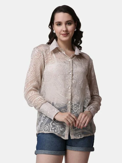 Popwings Casual White Net Laces Brasso Design Transparent Shirt for Women | Shirt for Women Stylish | Latest Design Shirt Women | Collar Shirt For Women