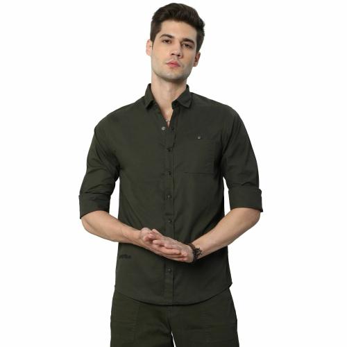 BEVDAAS Olive Outpost Solid Bottle Green Cargo Shirt for Men