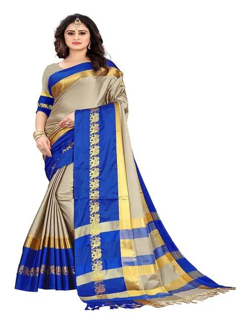 FAB SILK Women's Cotton Silk Elephant Design Zari Weaving Work Traditional Saree With Blouse Piece (Beige & Blue)