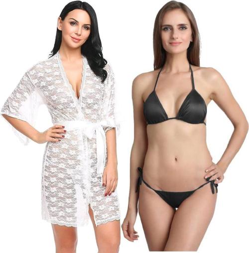 Iyaracollection Women White Self Design Lace, Pure Satin Lingerie Robe Set