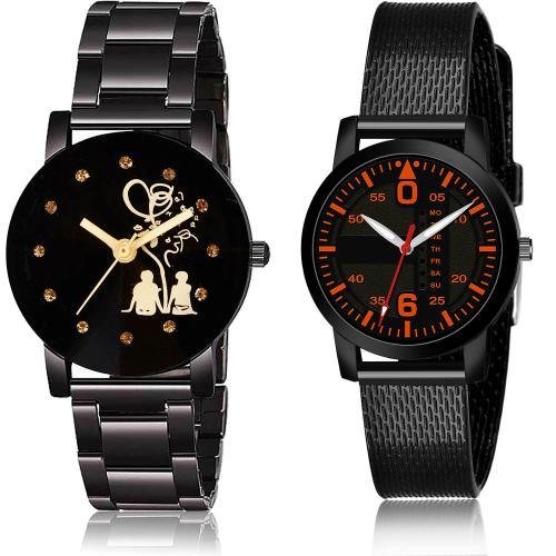 TIMENTER Classical Fancy Love Valentine Couple Chain Black Colour Analog Stainless Steel And Plastic Belt 2 Watch Combo For Women And Girls - GC52-(22-L-10)
