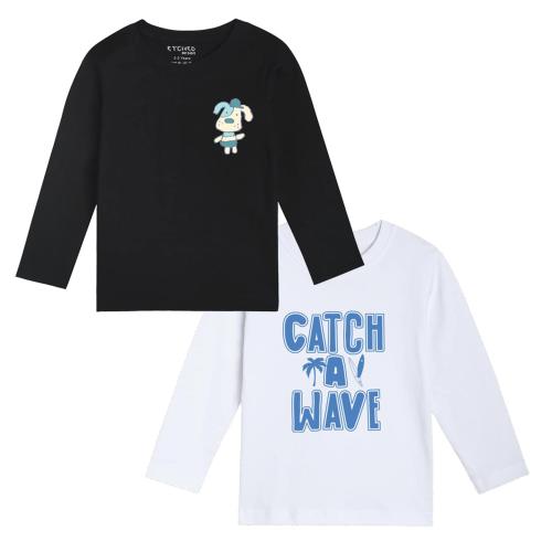 Etched Design Boys White Cotton Pack Of 2 Catch A Wave Printed T-Shirt (2 Years-3 Years)