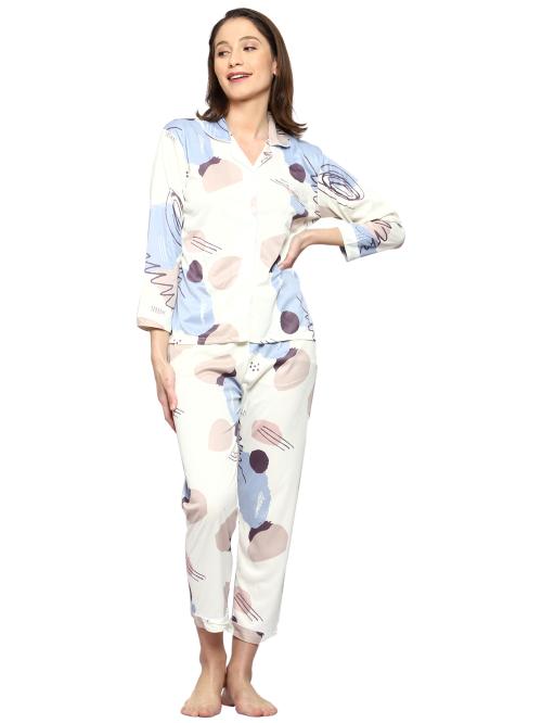 AUREA Full Sleeves Solid Printed Buttoned-Shirt & Pyjama Night Suit Set for Girls & Women