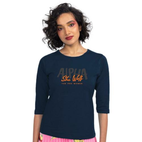 Bewakoof Women's She Wolf Printed Blue Round Neck Three-Fourth Sleeve T-shirt