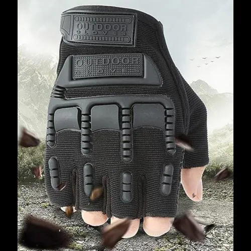 TruFlair Hunting, Cycling Motorcycle Half Finger Hard Fingerless Riding Biker Protective Gear Glove PU Leather Microfiber Fabric, Black Color Riding Gloves