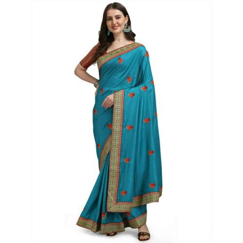 Joshwa Women Blue Embroidered Silk Blend Leheria Saree