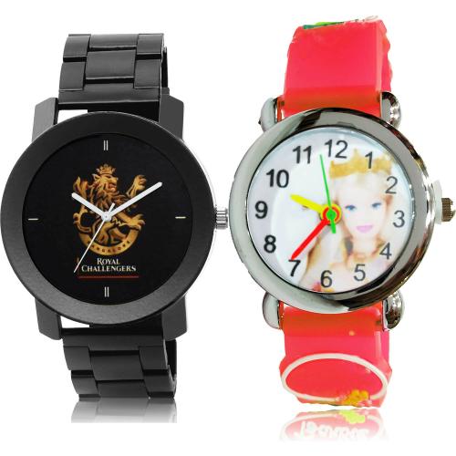 GROOT Classical Technology Royal Challengers Bangalore Squad (Rcb) Ipl Chain And Doll Kids Black And Red Colour Analog Metal And Plastic Belt 2 Watch Combo For Boys And Men - IPL16-BK77