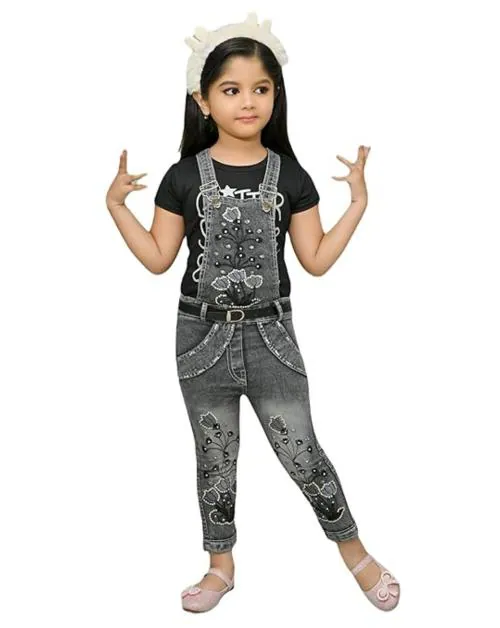 NEW TUSI DRESSES Denim Casual Embroidered Mini Dungaree Dress for Girls (Silver, 6-7 Years)