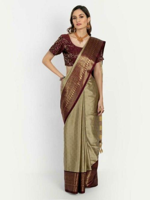JUHI COLLECTION Kausaliya Silk Self Design, Woven, Embellished Cotton Silk Saree for Women (Beige)