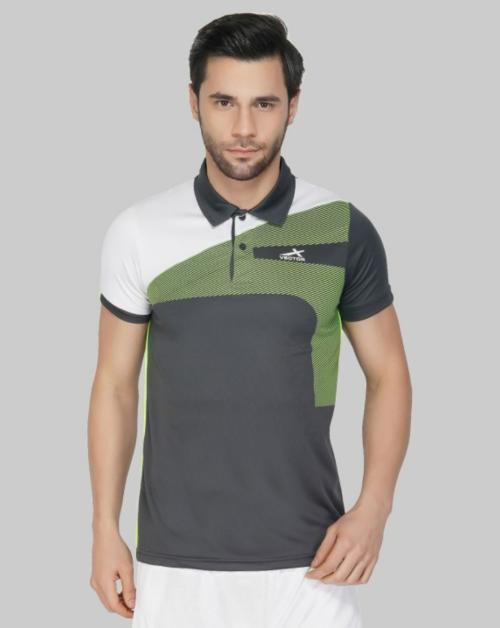 VECTOR X Men Grey Striped Polyester Polo Neck T-shirt