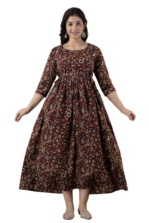 The Style Syndicate Pure Cotton Anarkali Comfortable Maternity Feeding Kurta Dress with Zippers for Pregnant Womens | All Over Printed Feeding Dress for Mothers(Chidiya Brown))