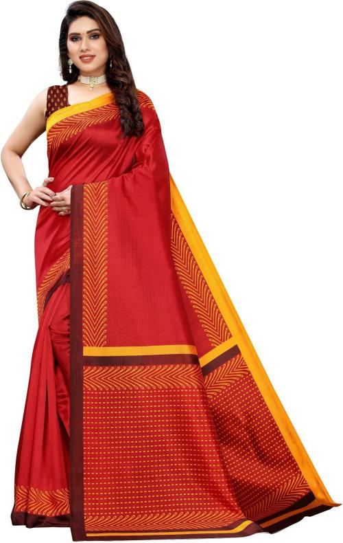 IRIS Women Red, Yellow Printed Cotton Silk Saree With Blouse