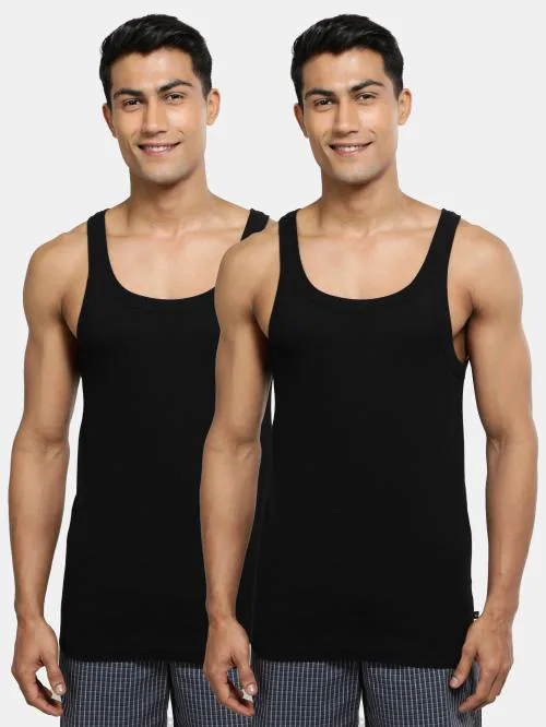 Jockey US26 Men's Black Solid Pack of 2 Cotton Sleeveless Vest