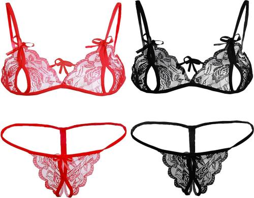 Zivosis Women Red, Black Self Design Lace Set Of 2 Bra And Panty (Free)