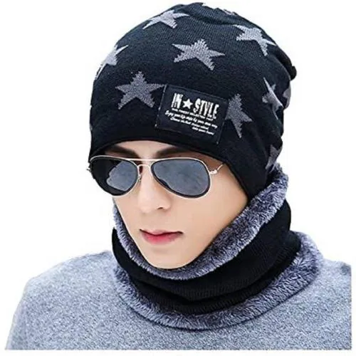 Youth Ride Men and Women Black Star Print Wool Blend Winter Cap