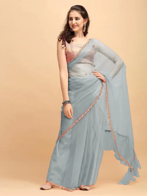 Crally Grey Alluring Unique Border Net Party wear saree