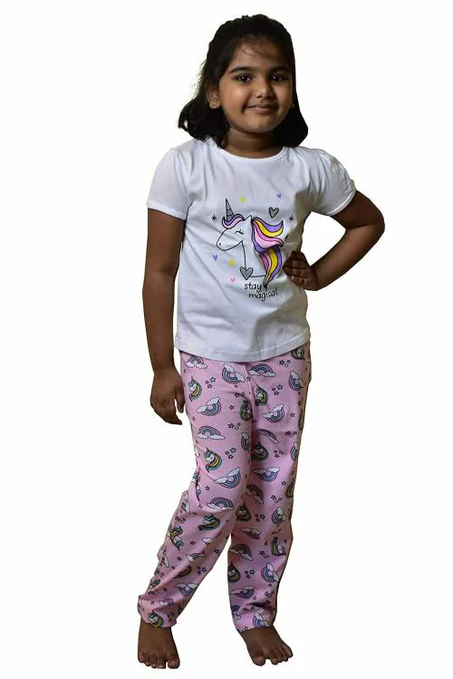 TotzTouch Baby Girls Unicorn White Printed Cotton Pyjama Night Dress Set