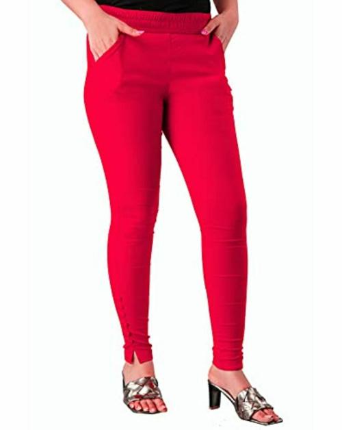 Namrata Fashion Women and Girls Red Solid Rayon slub Stretchable Jeggings - L