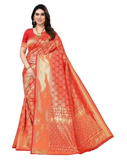 AROOPA Women Red Banarasi Arti Silk Saree With Unstitched Blouse