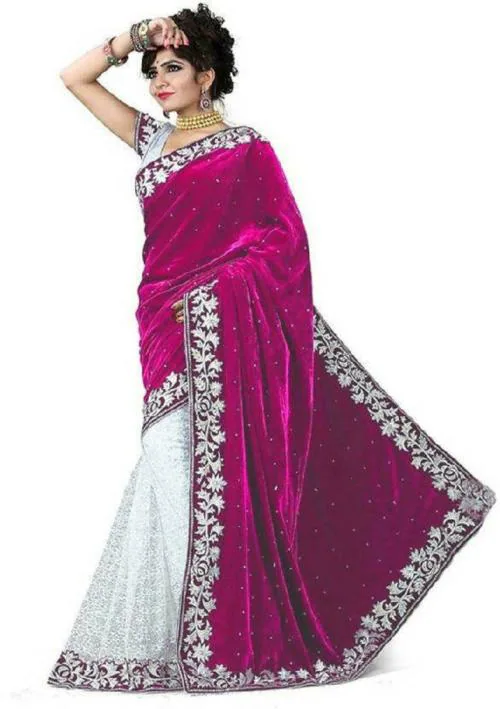 Keltax Store Women Pink Embroidered Velvet Saree