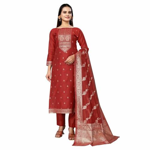 Silk Blend Womens Maroon Banarasi Silk Unstiched Salwar Suit Material With Dupatta