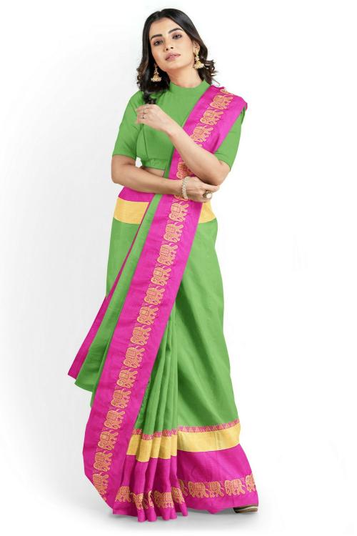 SWIFFIN Exclusive Collection Cotton Silk Banarasi Parrot Green-Pink Saree For Women/Women Saree With Unstitched Blouse- HATHI-PARROT GREEN-PINK