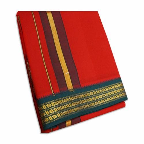 South Indian Men's Pure Cotton Dhoti Towel set for Pooja | Cotton Color Unstitched Dhoti Towel 9X5 (Red)
