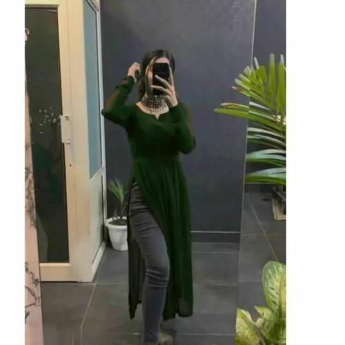 ORWIYA Women Georgette Long Sleeves Nyra Cut Kurti | Stylish Long Kurti for Women for Any Occasion (Dark Green)