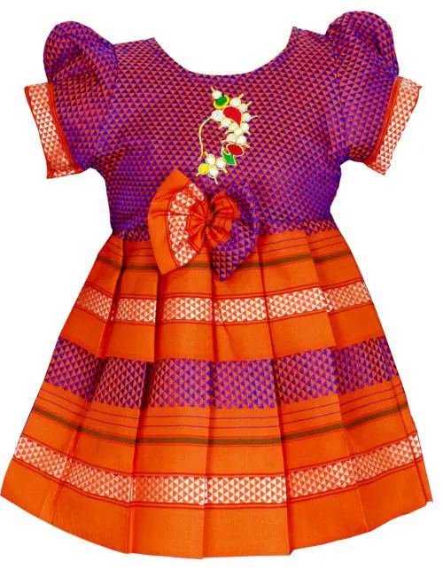 AMIRTHA FASHION Girl's Maharashtrian Traditional Ethnic Wear Pure Ikkat Reshim Cotton Nath Khan Khun Frock Ethnic Gown Dress