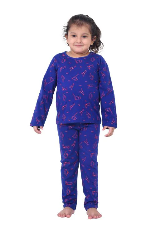 FUNKRAFTS Blue Dinosaur Printed Cotton Night Dress for Kids