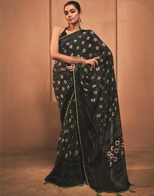Satrani Georgette Black & Cream Color Saree with Blouse piece | sarees for Women| saree | sarees
