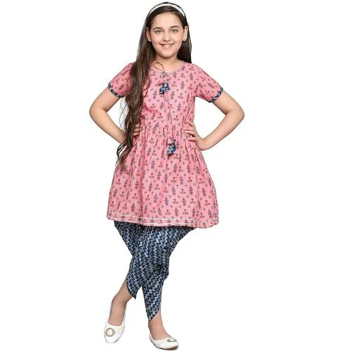 Curly Tales Girls Pink Poly Cotton Kurta With Dhoti (12 Years-13 Years)