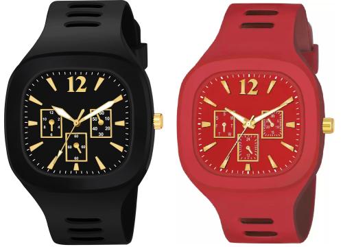 New Combo Of Black and Red Square Dial with Silicone Strap Combo Miller Analog Watch - For Men