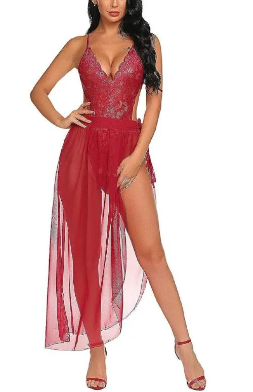 SKMODEL STYLISH Women Hot & Sexy One Piece Lingerie Set For Honeymoon Deep V Lace Bra Net Baby Doll Lingerie Set Nightwear Dress Babydoll (Dark Red)(L)