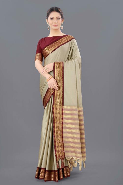 THE 9192 Women Beige Woven Design Cotton Silk Saree