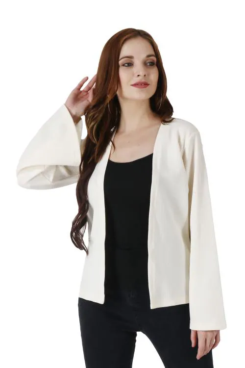Popwings Front Open Women Off White Shrug with Bell Sleeve