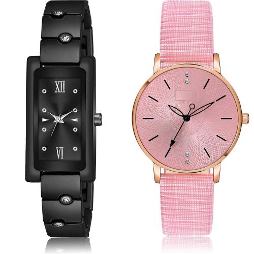 NEUTRON Latest Exclusive Chain Bracelet Diamond And Girls Watch Black And Pink Colour Analog Metal And Genuine Leather Belt 2 Watch Combo For Women And Girls - G563-GM314