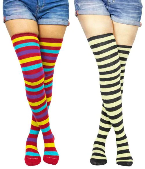 Neska Moda Women's 2 Pair Striped Cotton Thigh-High Stockings (Red, Yellow)
