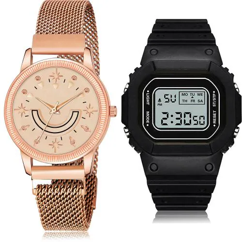 NEUTRON Treading Analogue Star Magnet Chain And Digital Kids Watch Rose Gold And Black Colour Analog And Digital Metal And Plastic Belt 2 Watch Combo For Women And Girls - GW68-DG28