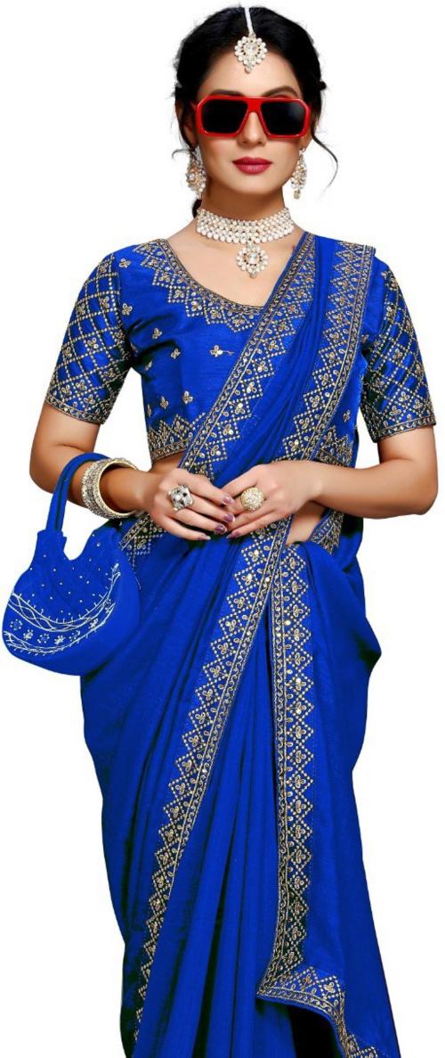 Dharmee Women Blue Silk Blend Embroidered Saree with Unstitched Blouse