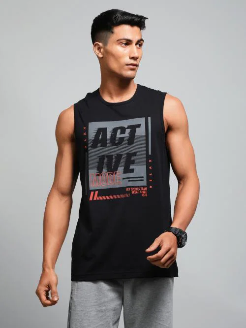 Jockey AM06 Men's Super Combed Cotton Rich Graphic Printed Round Neck Muscle Tee - Black Printed